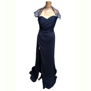 Gustavo Cadile Navy Blue Evening Gown Lace Back and Cap Sleeves Size 10